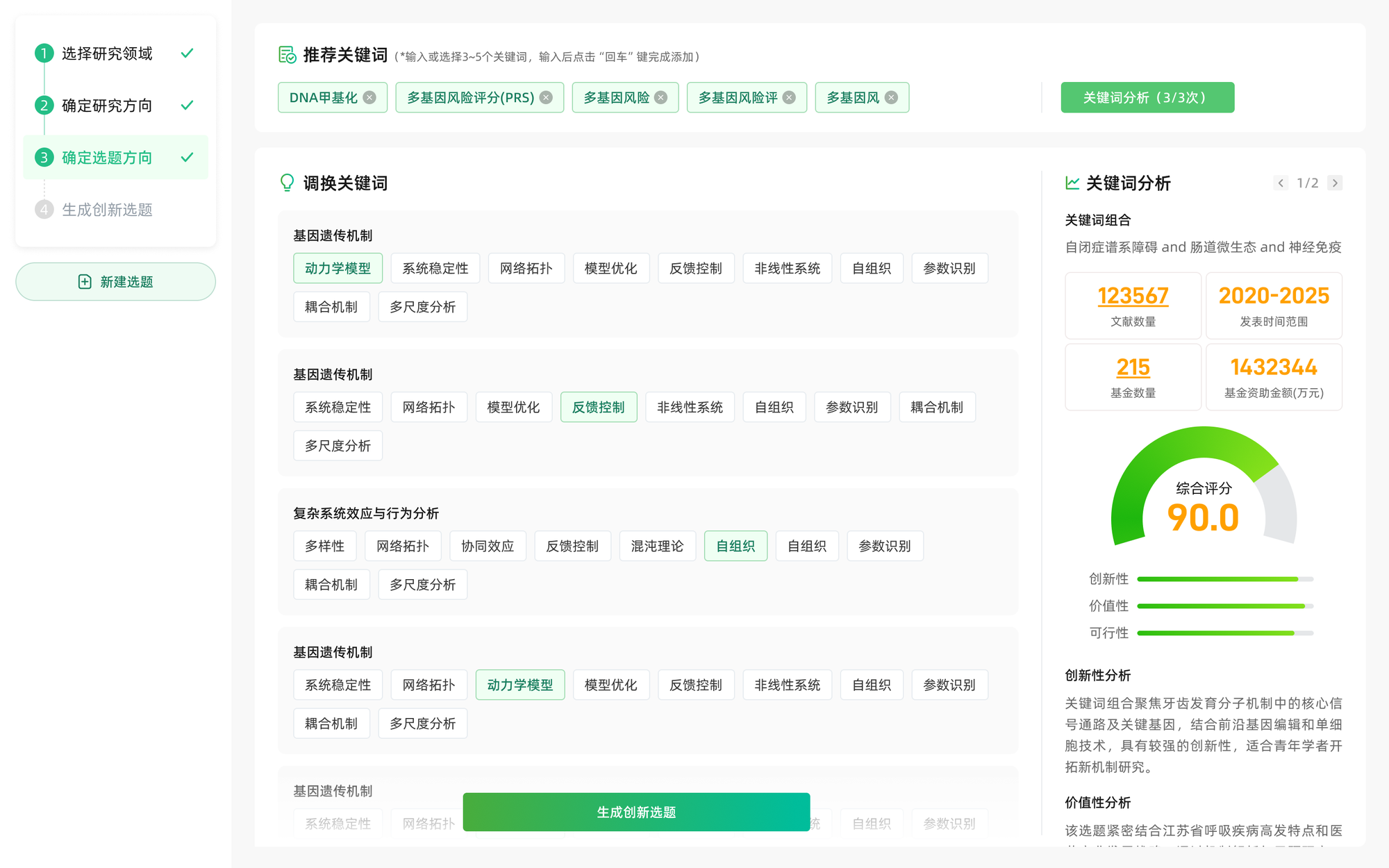 猫眼课题宝 5分钟定创新选题功能界面截图：赛道分析与研究缺口识别
